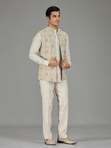Light pista checked linen nehru jacket set