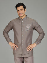 Stone grey linen nehru jacket set