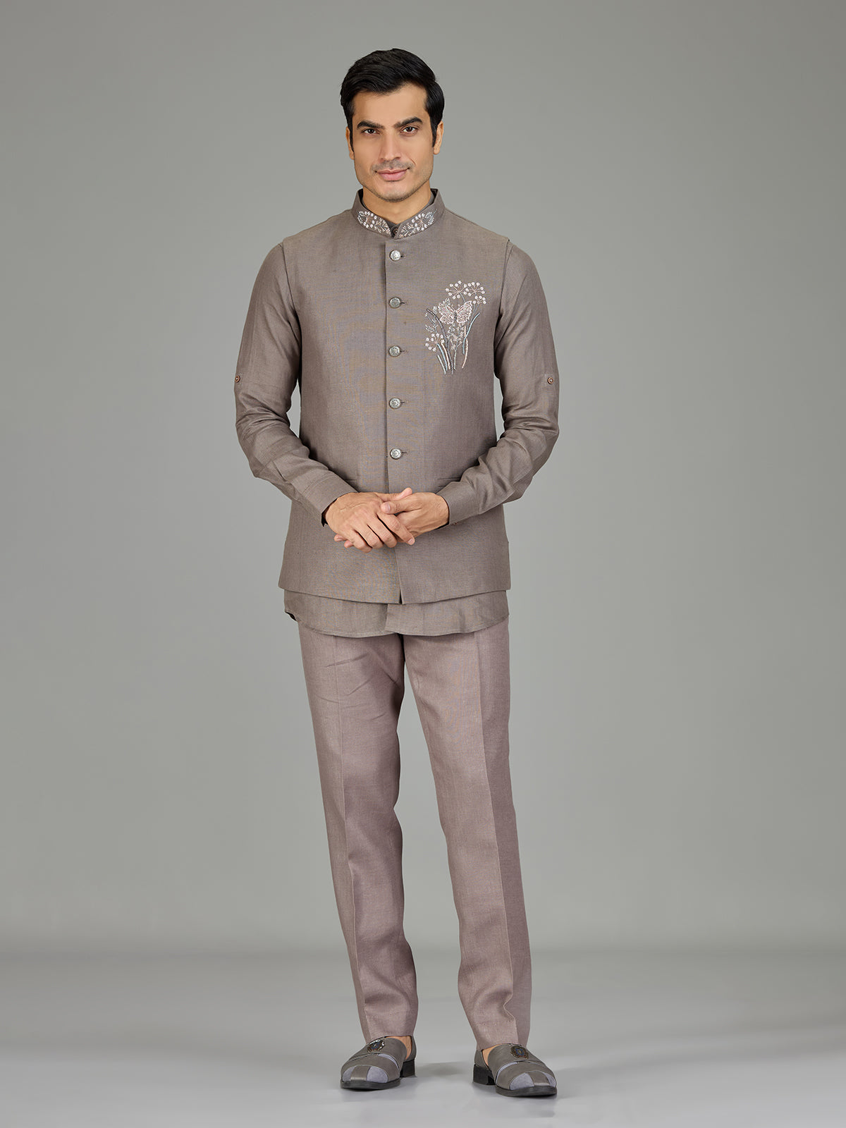 Stone grey linen nehru jacket set