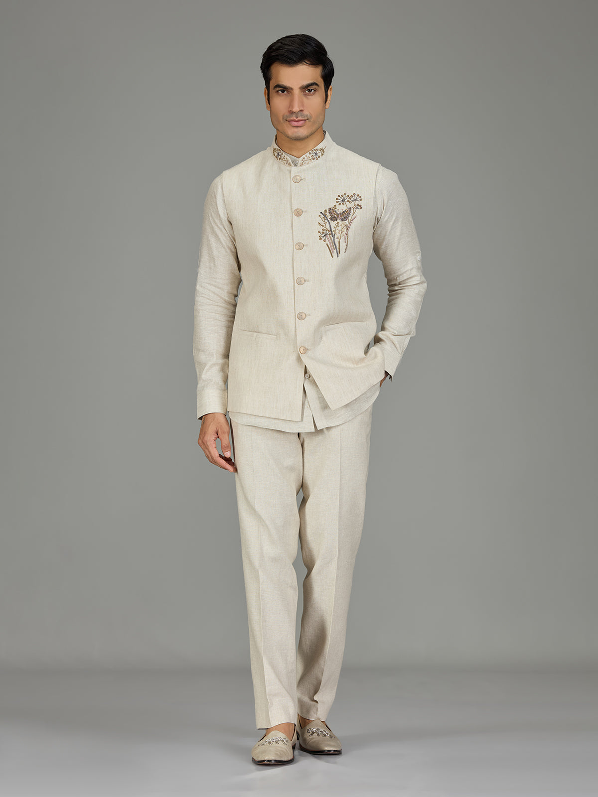 Cream botanical spray zardosi linen waistcoat set