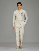 Cream botanical spray zardosi linen waistcoat set