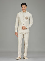 Cream signature floral medallion linen nehru jacket set