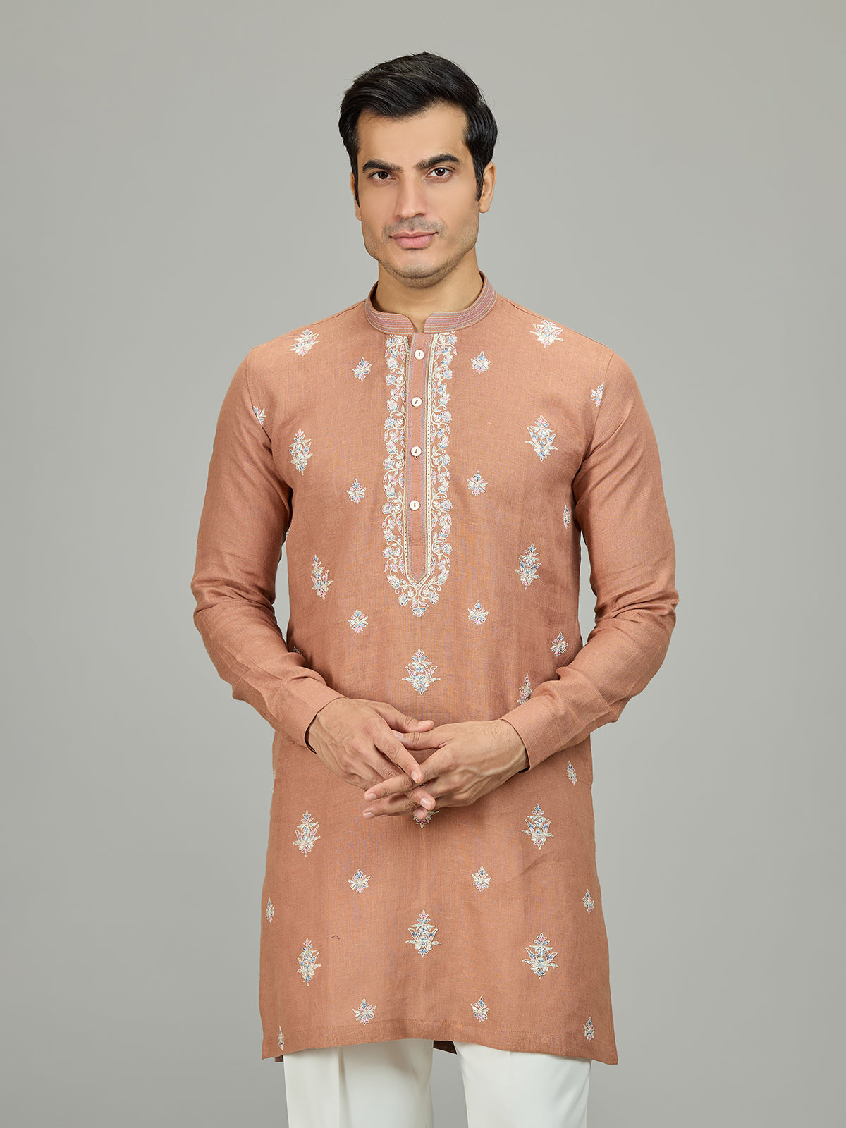 Rust peach botanical linen men kurta