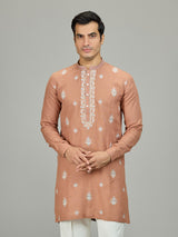 Rust peach botanical linen men kurta