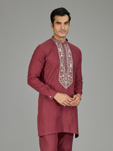 Maroon classic floral linen men kurta