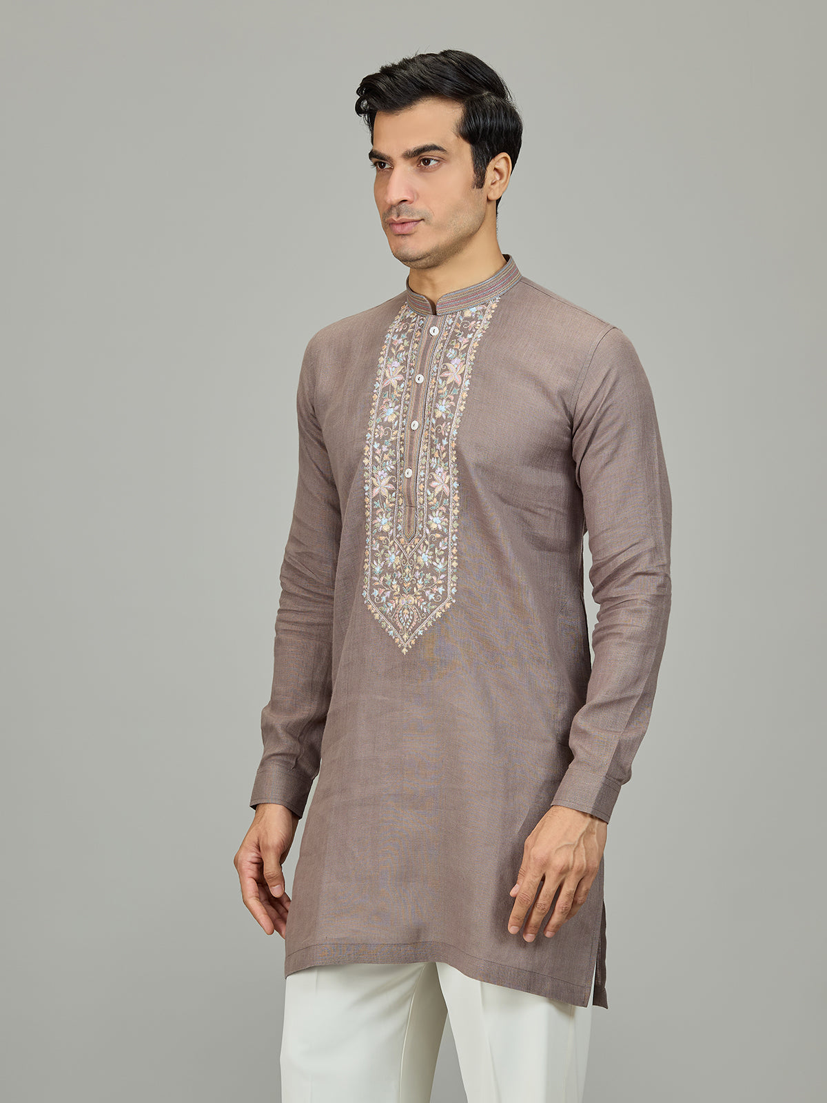 Grey stylish botanical linen men kurta