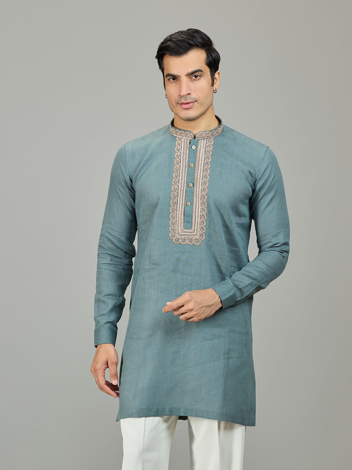Sage green refined leaf linen men kurta