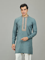 Sage green refined leaf linen men kurta
