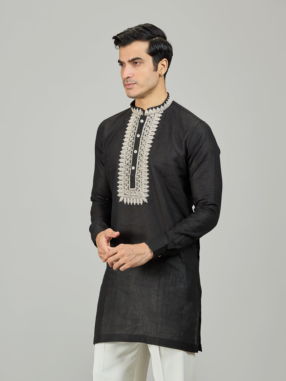 Black signature chikan zardosi linen men kurta