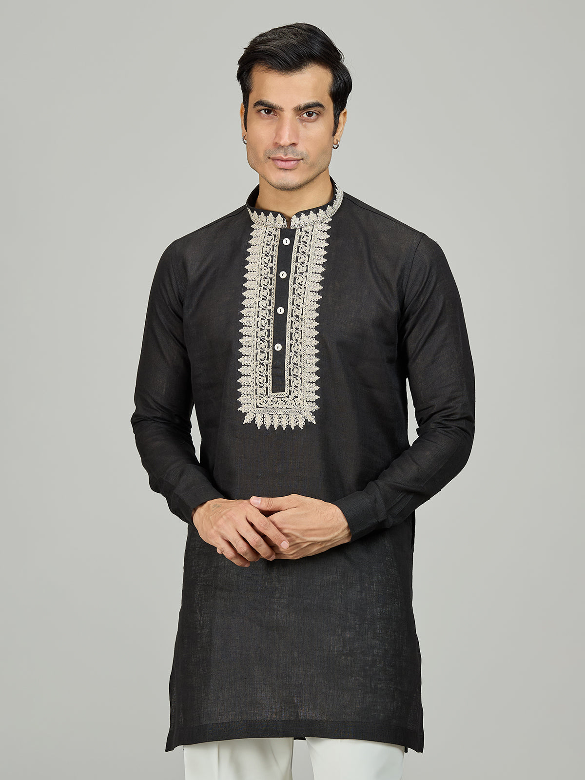 Black signature chikan zardosi linen men kurta