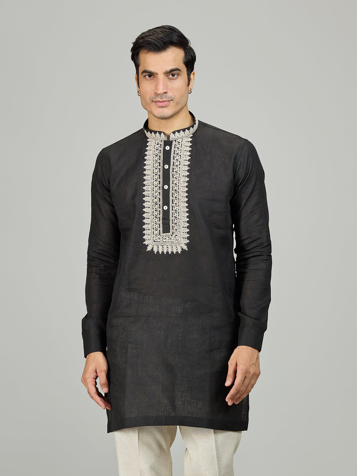 Black signature chikan zardosi linen men kurta
