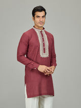 Maroon traditional zardosi linen men kurta