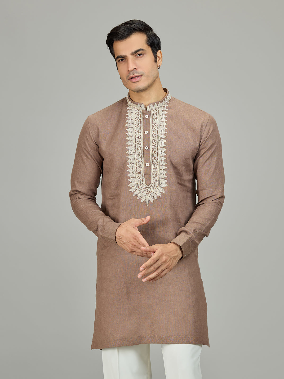 Brown heritage chikan linen men kurta