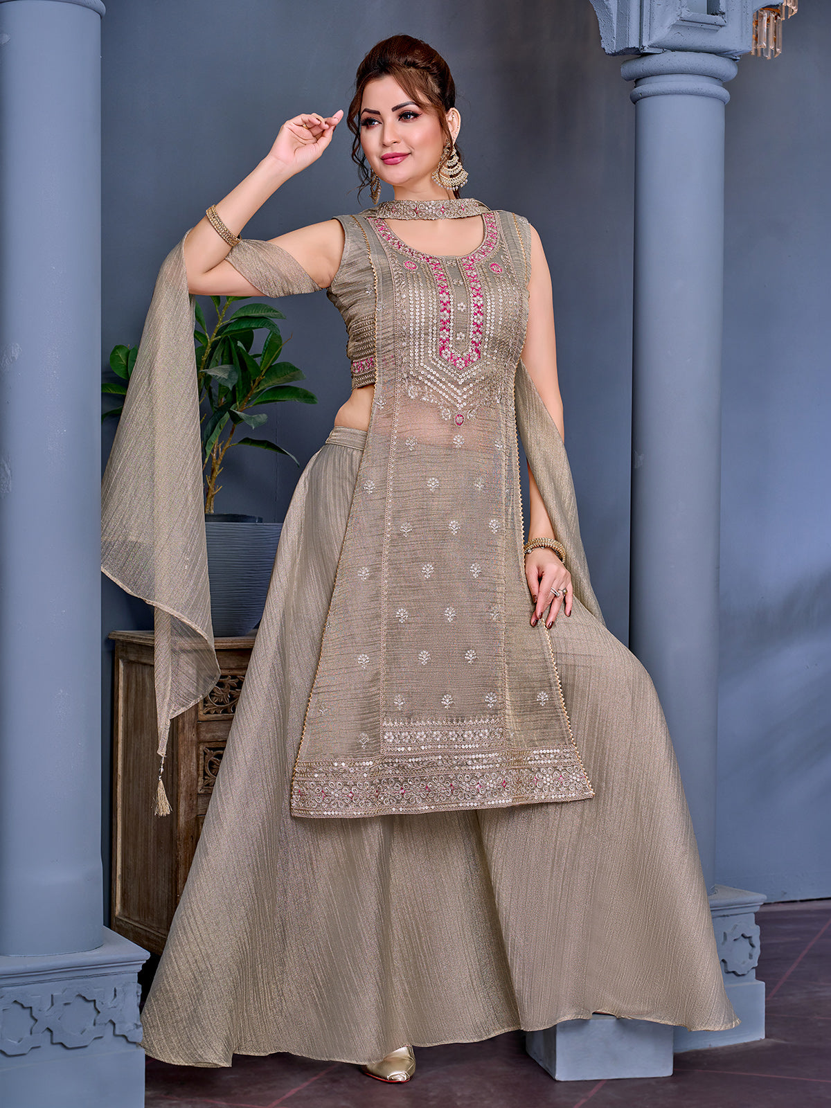 Pastel grey salsa silk salwar suit with gota embellishments
