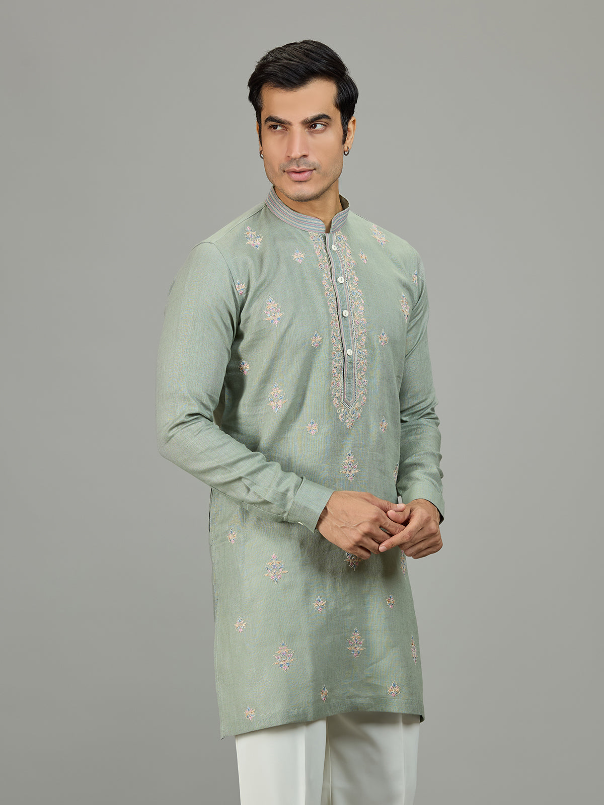 Pista green stylish zardosi linen men kurta
