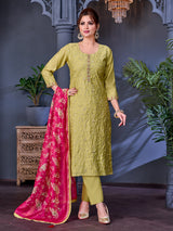 Mehendi yellow soft silk salwar suit with floral embroidery