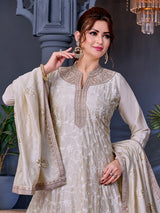 Light beige vichitr silk anarkali suit with floral embroidery