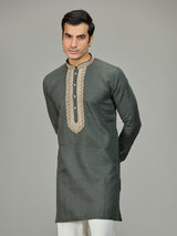 Olive green stylish leaf linen men kurta