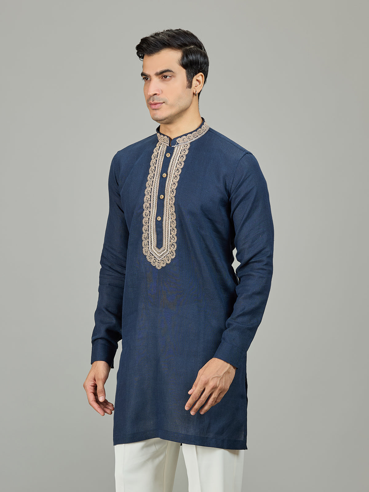 Blue classic textured leaf linen men kurta