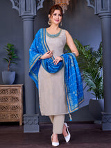 Beige shimmer salwar suit with ornate zardosi neckline detailing