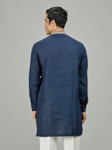 Blue classic textured leaf linen men kurta