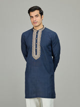 Blue classic textured leaf linen men kurta