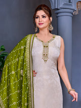 Beige shimmer salwar suit with mehendi dupatta and zardosi work