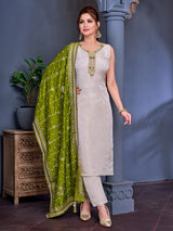Beige shimmer salwar suit with mehendi dupatta and zardosi work