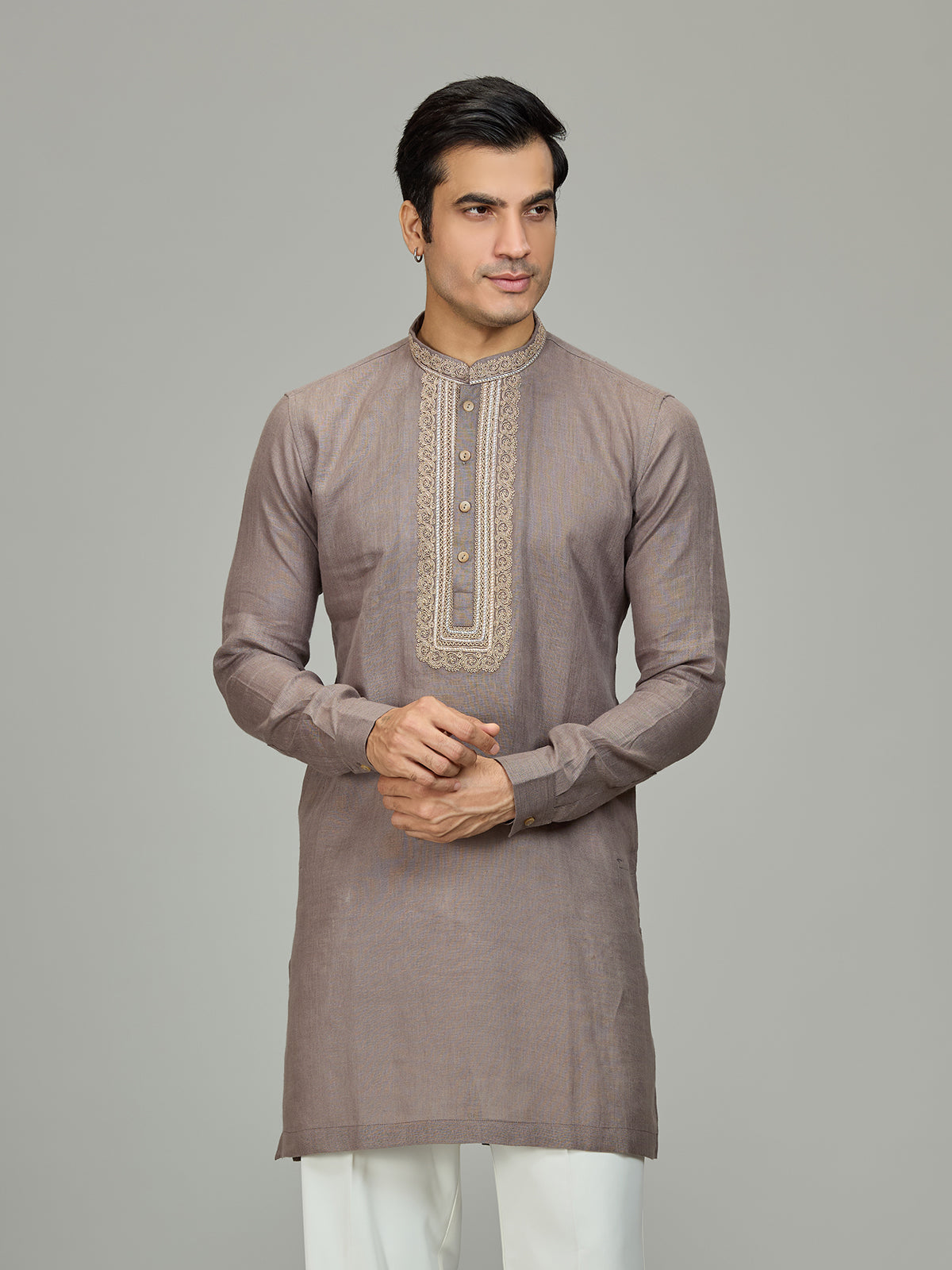 Grey premium leaf motif linen men kurta