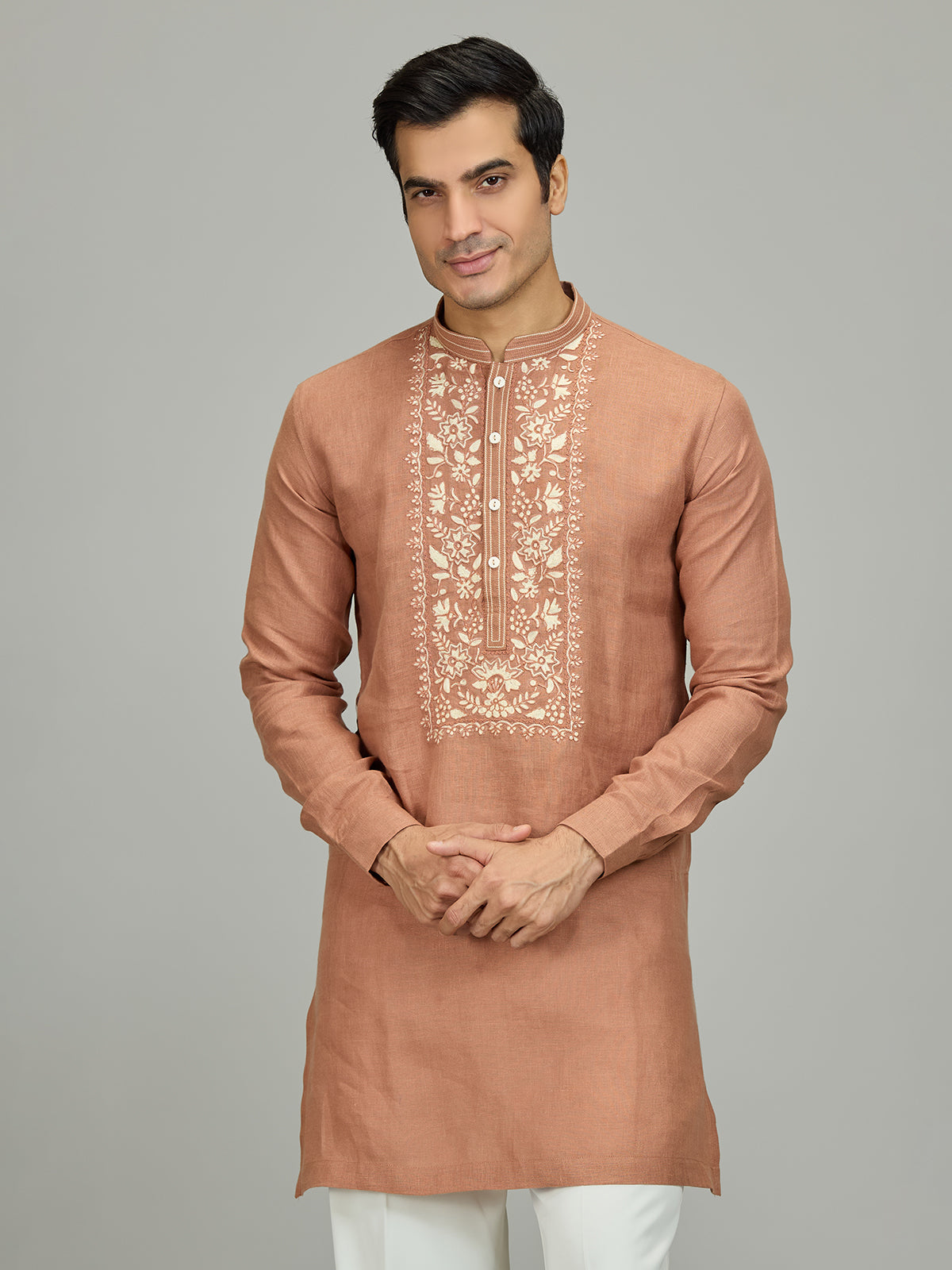Rust peach signature botanical linen men kurta
