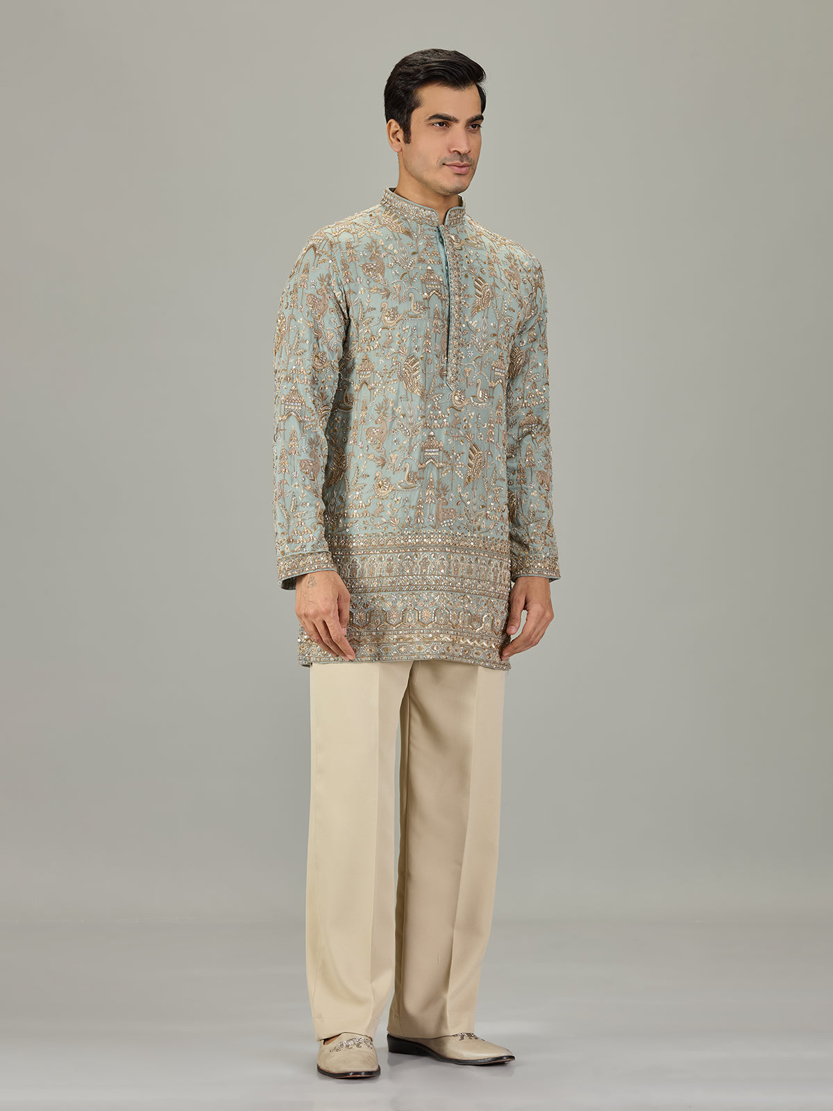 Mint blue persian floral men kurta suit