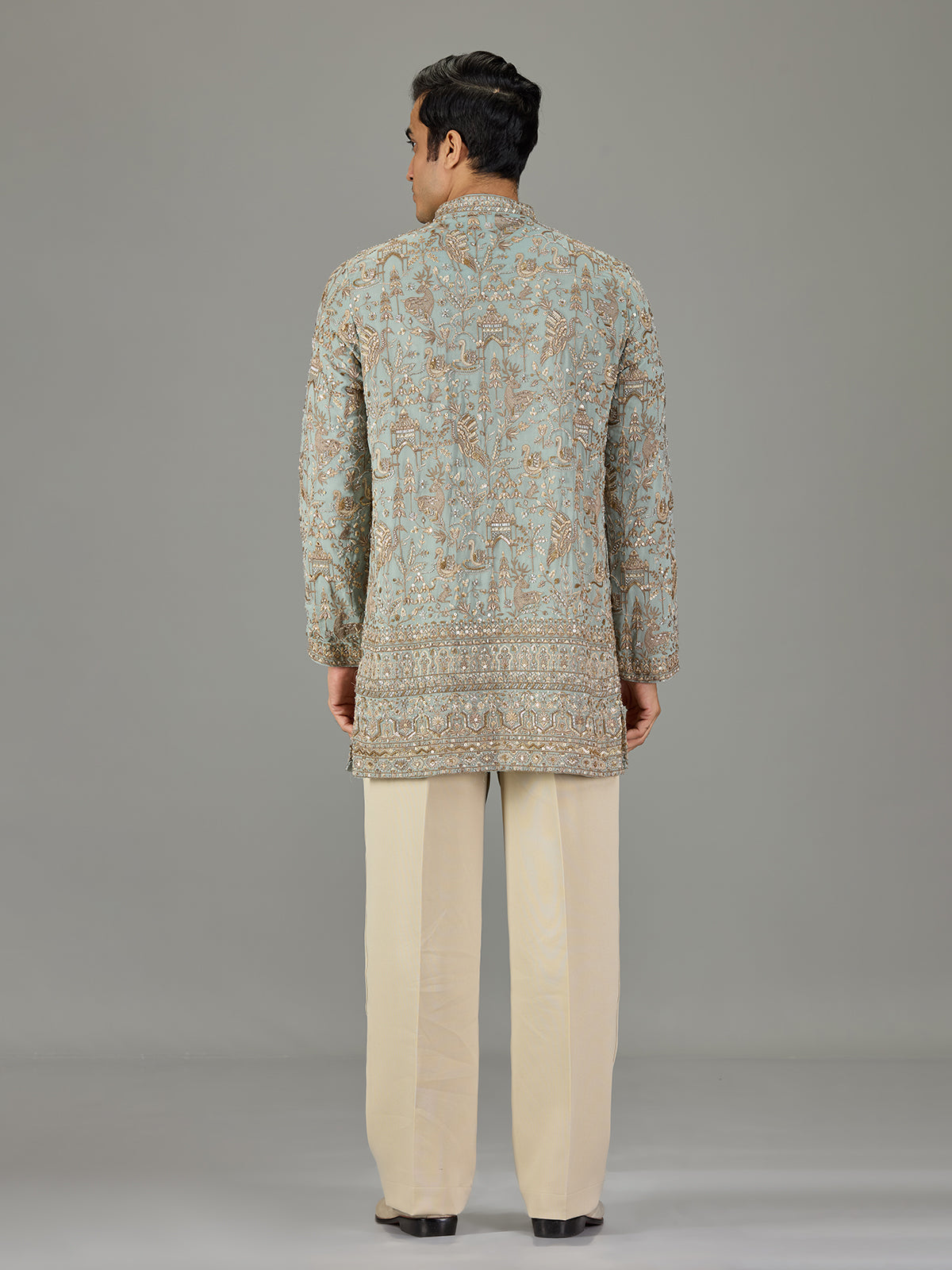 Mint blue persian floral men kurta suit