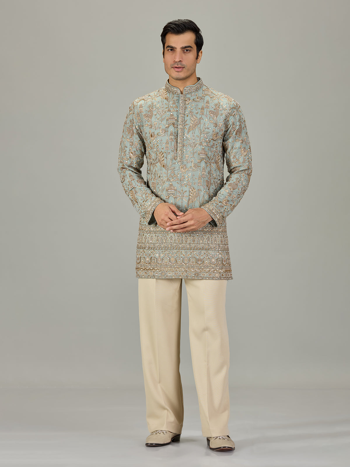 Mint blue persian floral men kurta suit