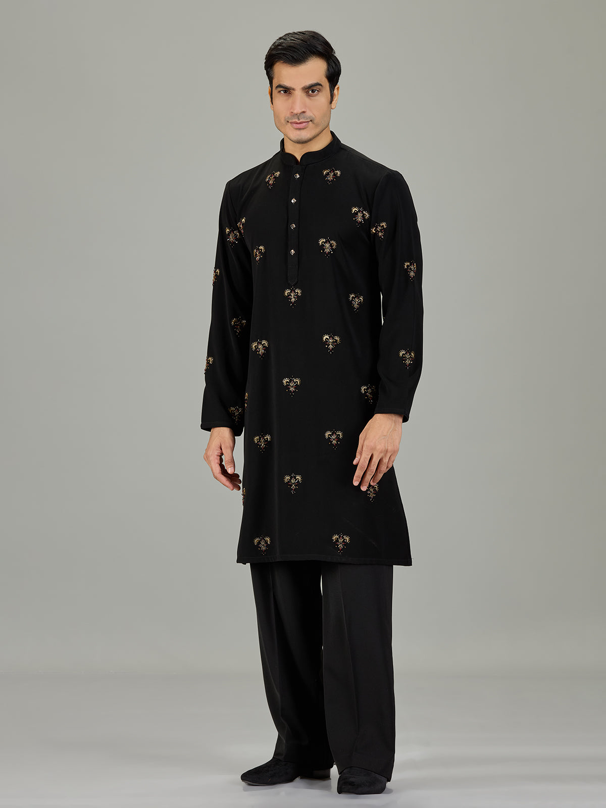 Black floral embroidered men kurta suit