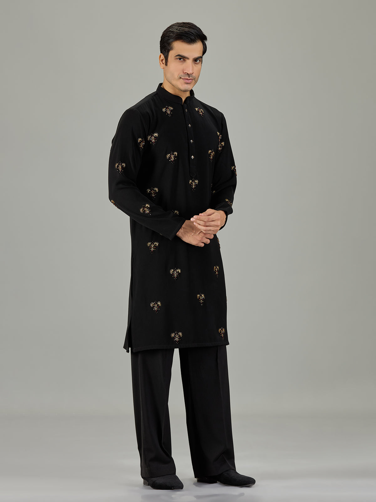 Black floral embroidered men kurta suit