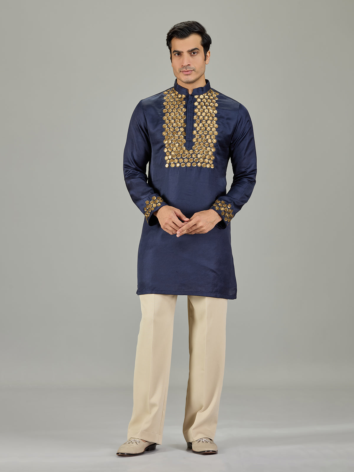 Navy blue cotton silk men kurta suit