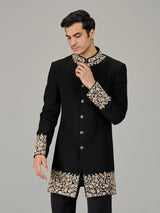 Black floral vine embroidered men indo western