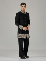 Black floral vine embroidered men indo western