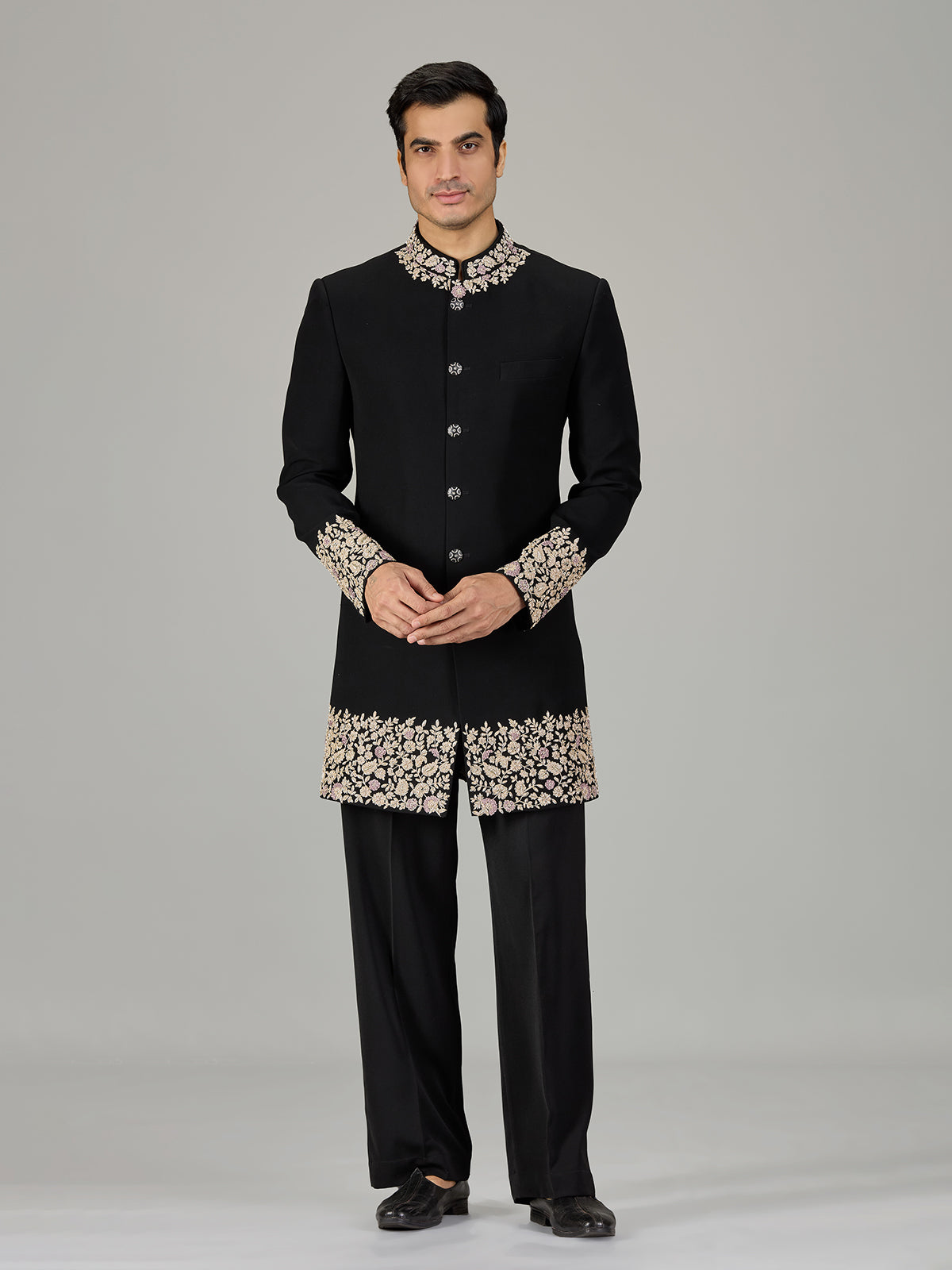 Black floral vine embroidered men indo western