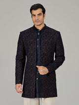 Navy blue damask embroidered men indo western