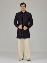 Navy blue damask embroidered men indo western