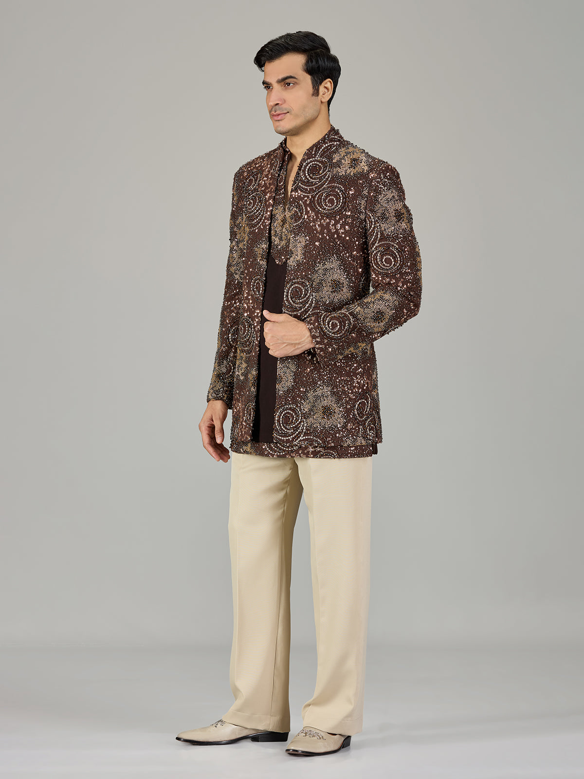 Brown embroidered open jacket indo western for men