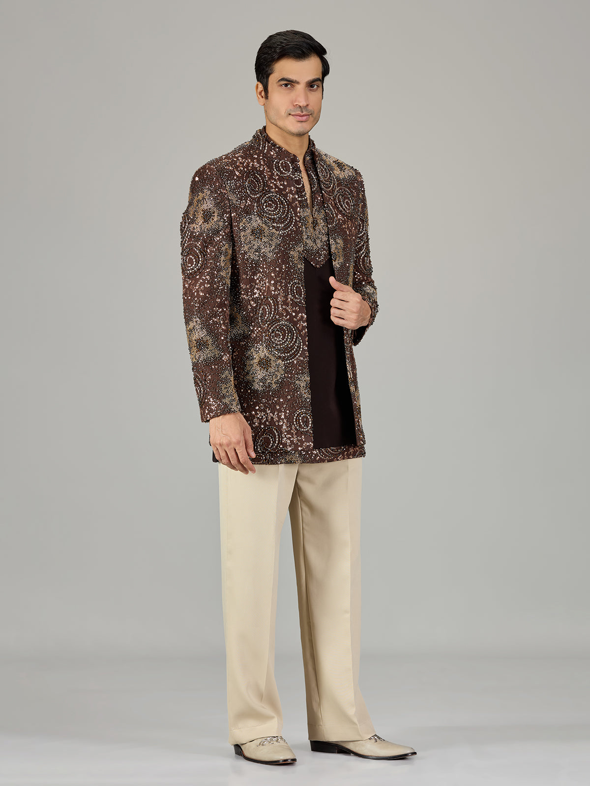 Brown embroidered open jacket indo western for men