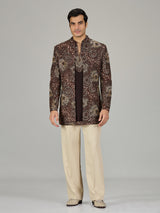 Brown embroidered open jacket indo western for men