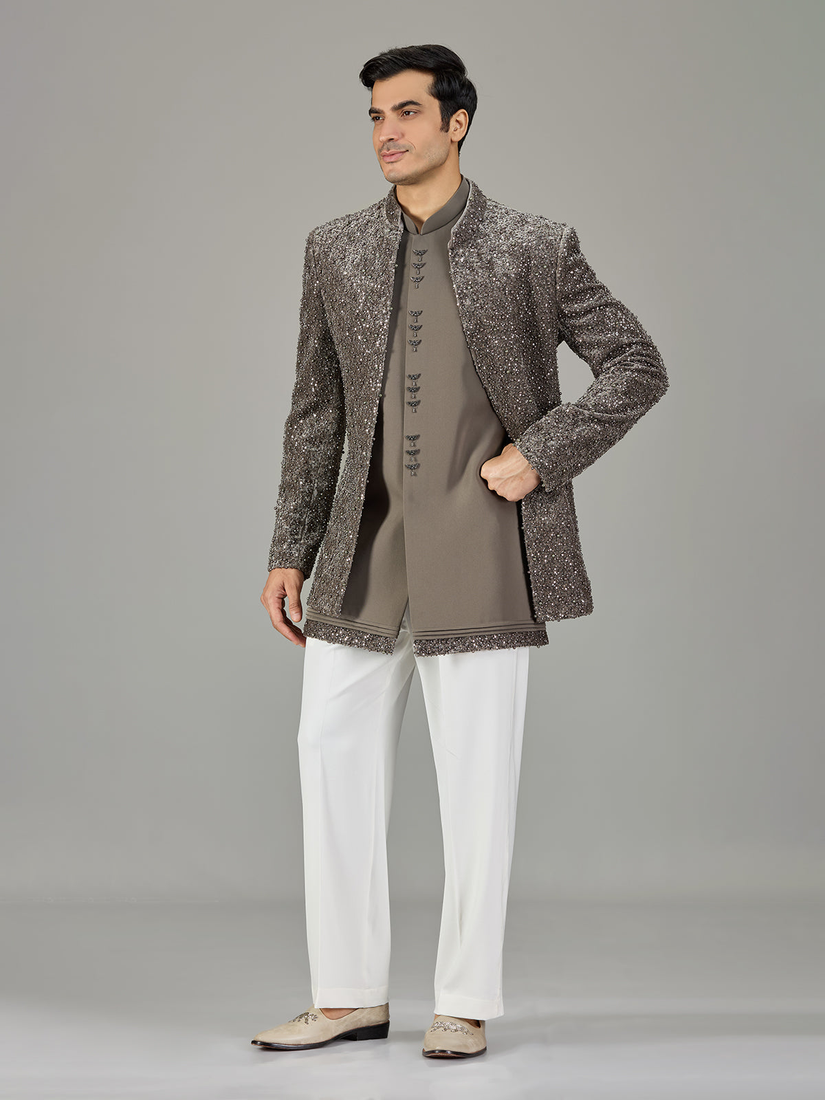 Grey wedding layered jacket indo western for men