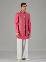 Pink embroidered open jacket men indo western