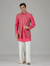 Pink embroidered open jacket men indo western