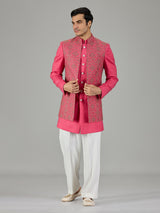Pink embroidered open jacket men indo western