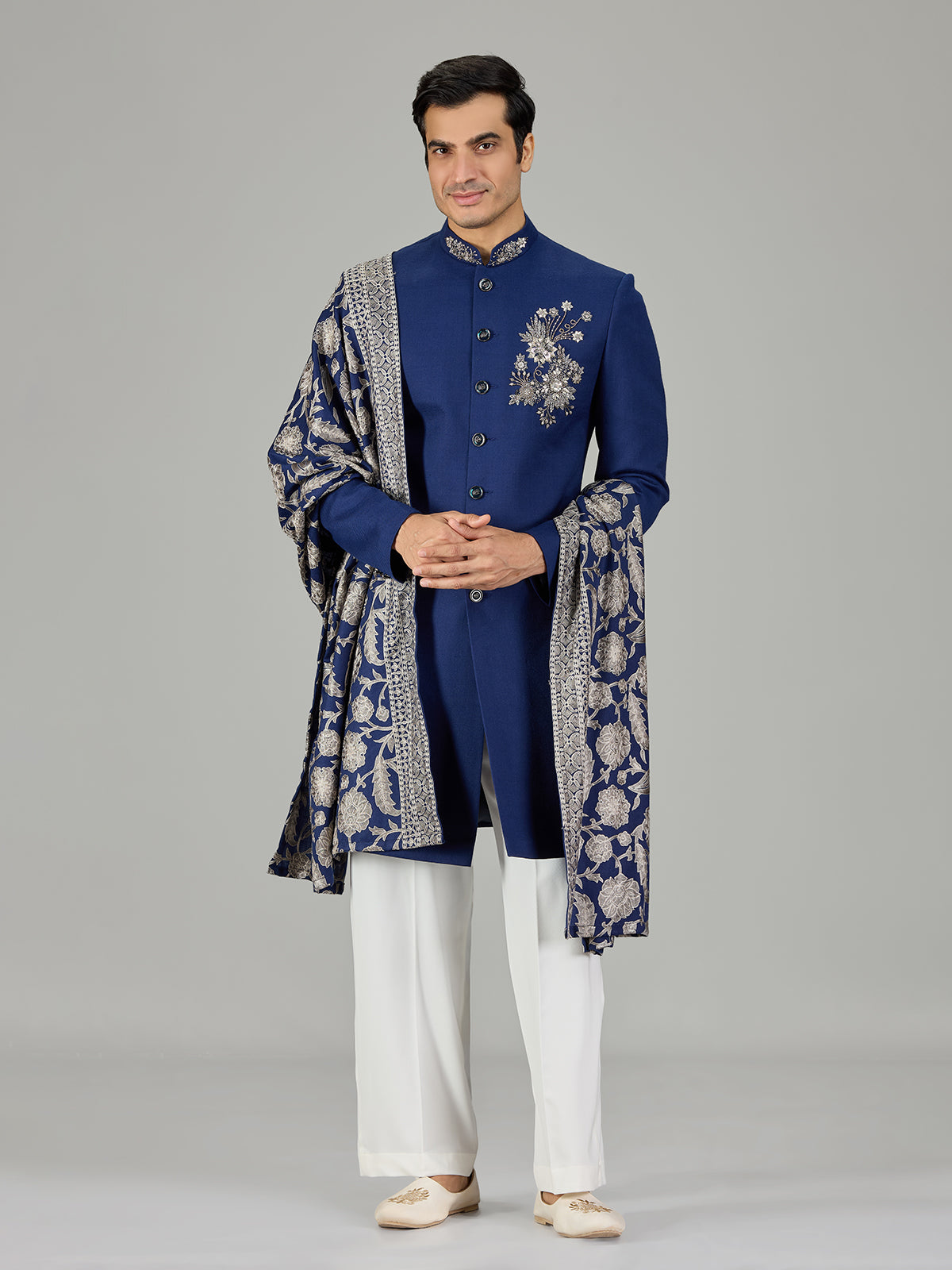 Royal blue crystal embellished men indo western