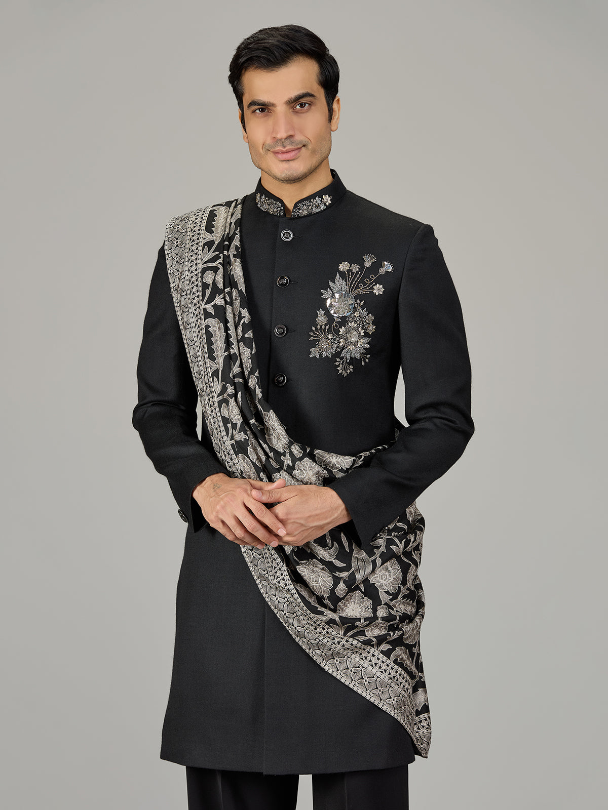 Black floral bouquet dupatta men indo western
